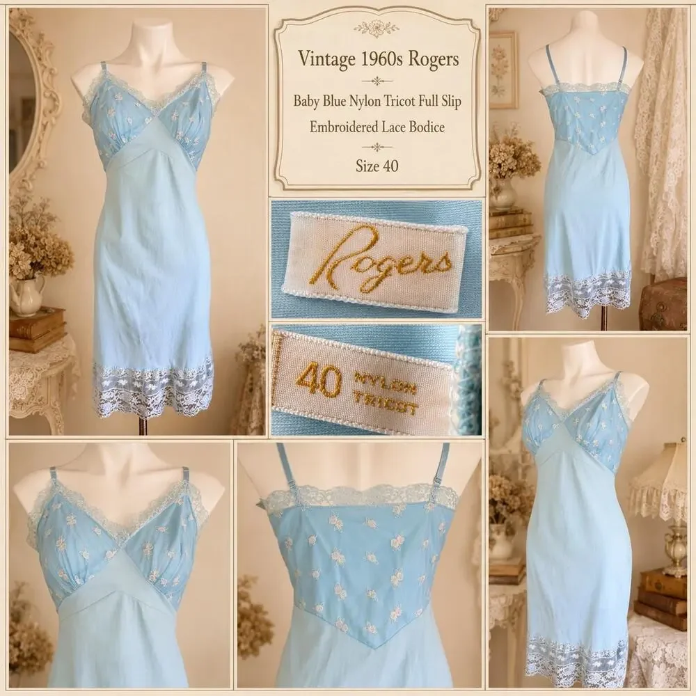 Vintage 1960s Rogers Baby Blue Nylon Tricot Full Slip Embroidered Lace Bodice 40
